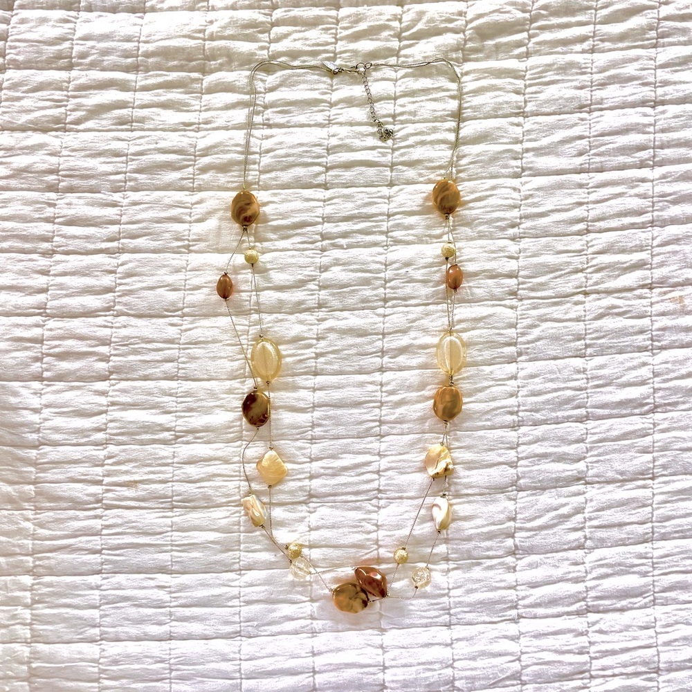New York and Company long silver necklace with brown stones.